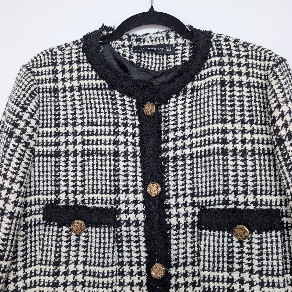 Zara Wool Blend Long Tweed Plaid Houndstooth Lady Jacket Blazer Sz XL Elegant - Picture 3 of 16